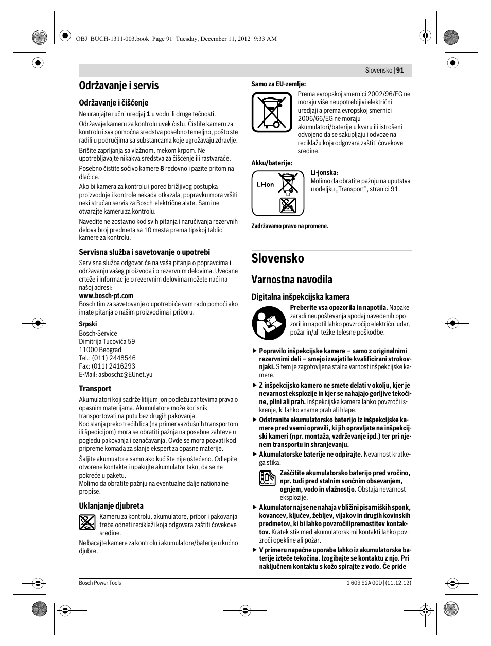 Slovensko, Održavanje i servis, Varnostna navodila | Bosch GOS 10,8 V-LI Professional User Manual | Page 91 / 117