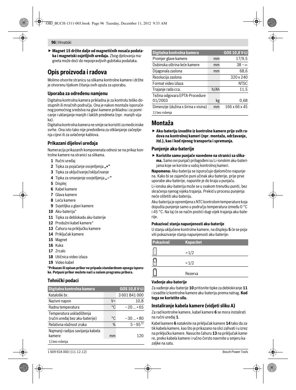 Opis proizvoda i radova, Montaža | Bosch GOS 10,8 V-LI Professional User Manual | Page 96 / 117