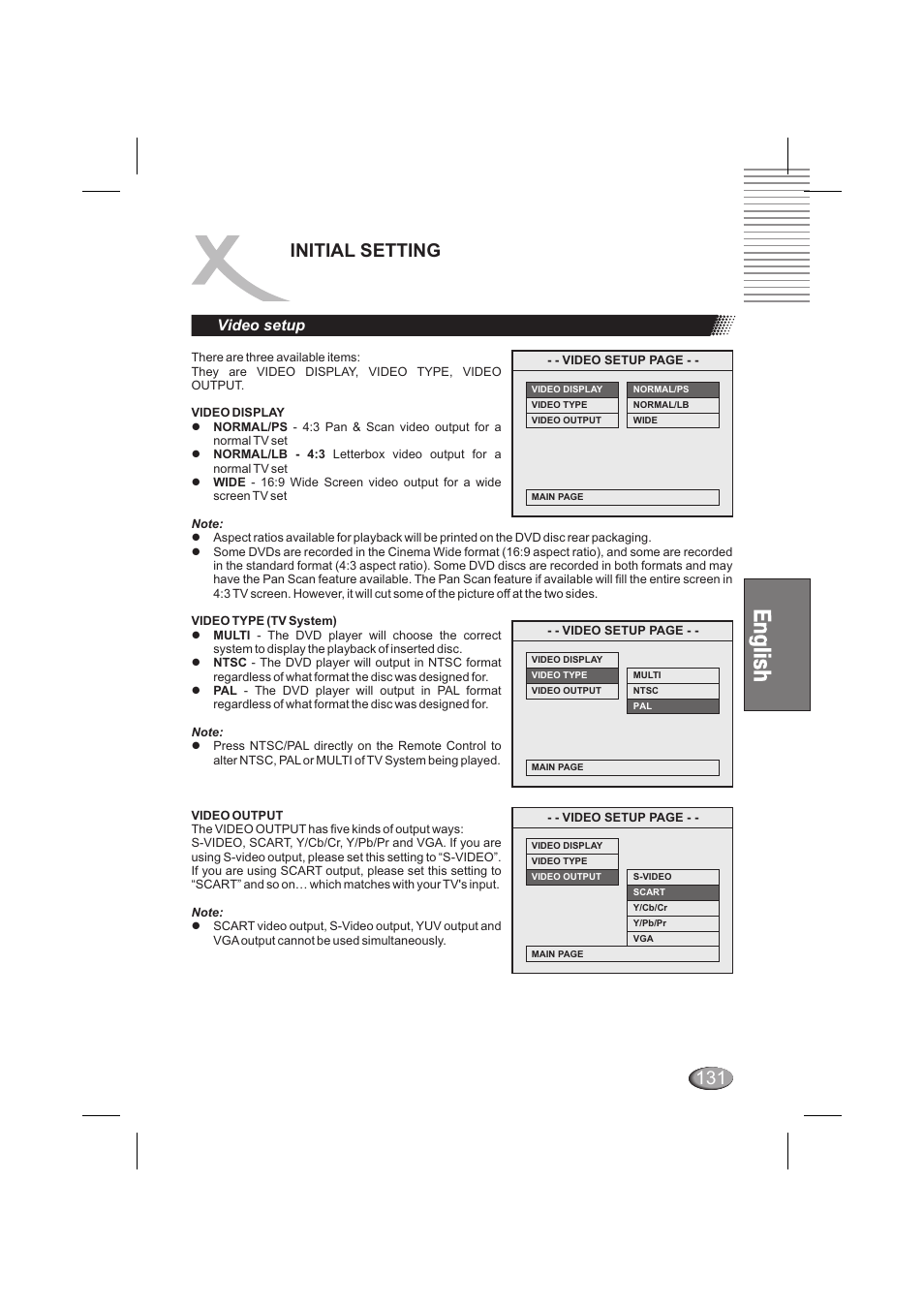 Initial setting, Lagerung von cds, Video setup | Xoro HSD 6000 User Manual | Page 131 / 168