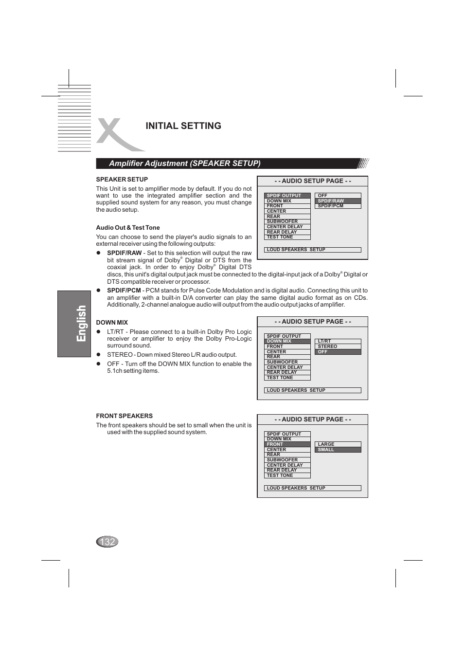 Initial setting, Amplifier adjustment (speaker setup) | Xoro HSD 6000 User Manual | Page 132 / 168