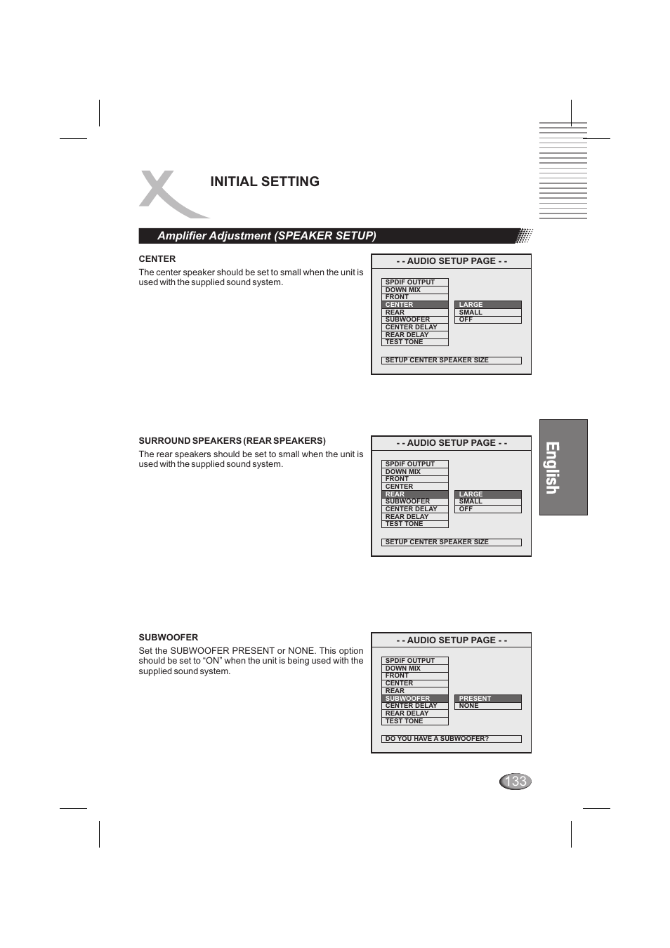 Initial setting, Amplifier adjustment (speaker setup) | Xoro HSD 6000 User Manual | Page 133 / 168