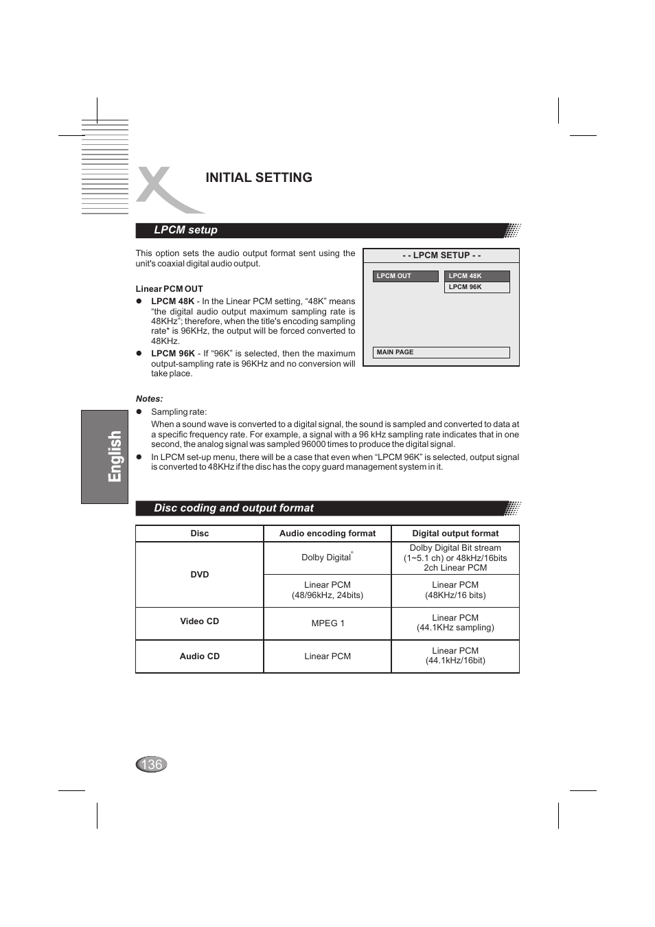 Initial setting, Lpcm setup, Disc coding and output format | Xoro HSD 6000 User Manual | Page 136 / 168