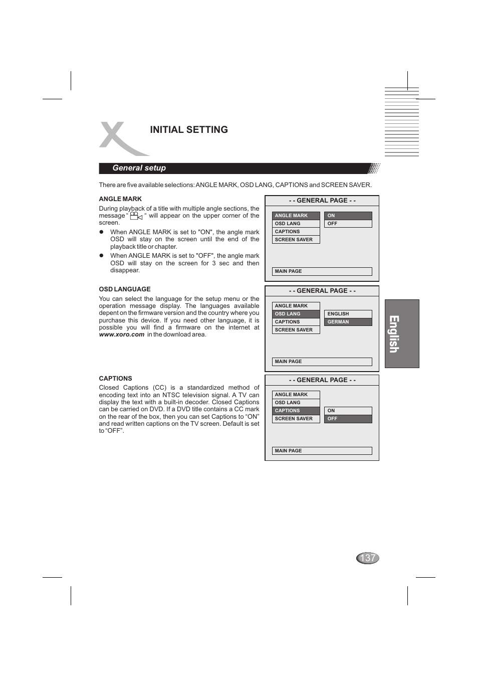 Initial setting, General setup | Xoro HSD 6000 User Manual | Page 137 / 168