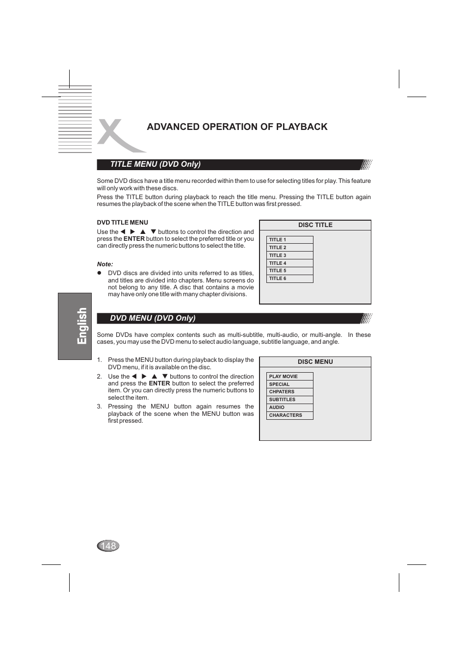 Advanced operation of playback, Title menu (dvd only), Dvd menu (dvd only) | Xoro HSD 6000 User Manual | Page 148 / 168