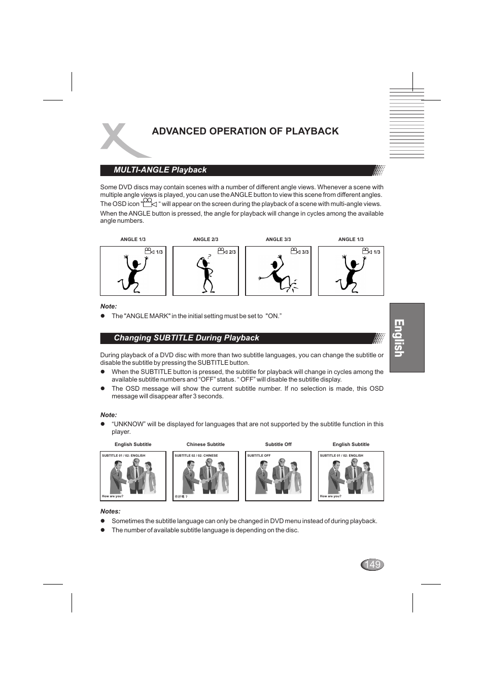 Advanced operation of playback, Multi-angle playback, Сhanging subtitle during playback | Xoro HSD 6000 User Manual | Page 149 / 168