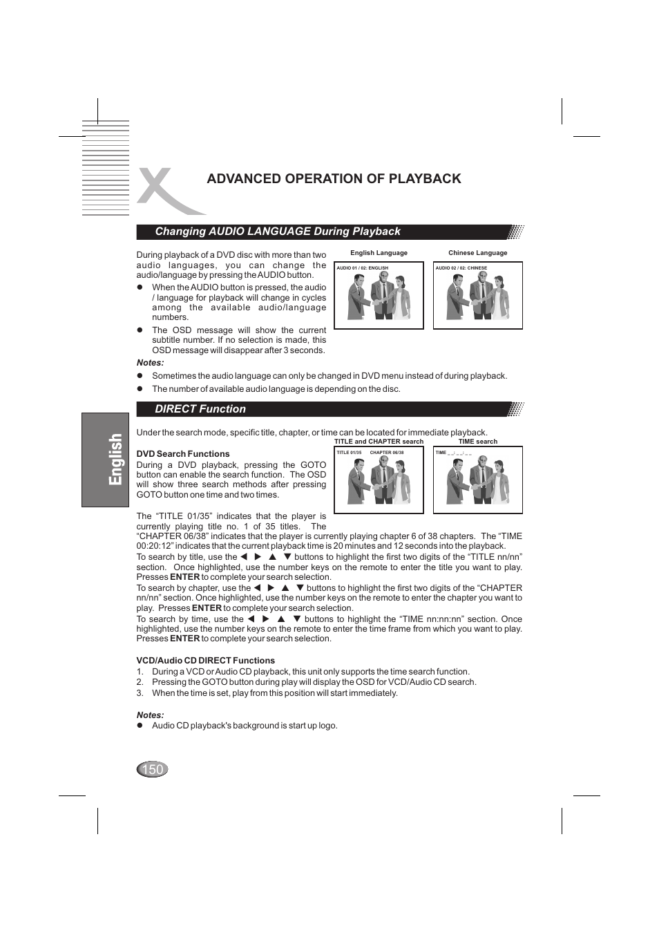 Advanced operation of playback, Changing audio language during playback, Direct function | Xoro HSD 6000 User Manual | Page 150 / 168