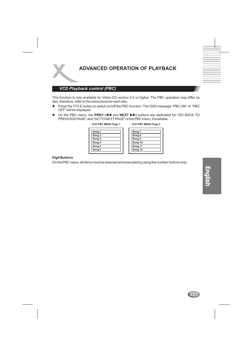 Advanced operation of playback, Vcd p (pbc) layback control | Xoro HSD 6000 User Manual | Page 151 / 168