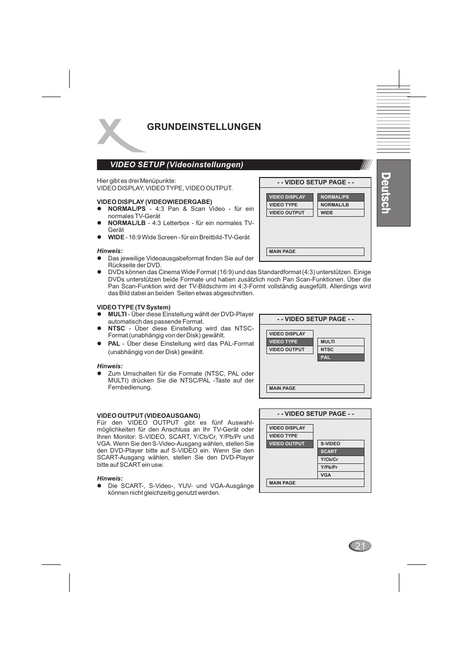 21 grundeinstellungen, Video setup (videoinstellungen) | Xoro HSD 6000 User Manual | Page 21 / 168