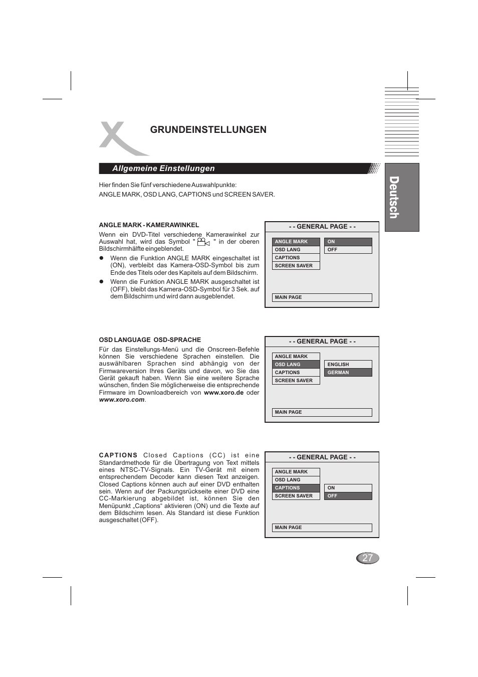 Grundeinstellungen, Allgeme e einstellungen in | Xoro HSD 6000 User Manual | Page 27 / 168