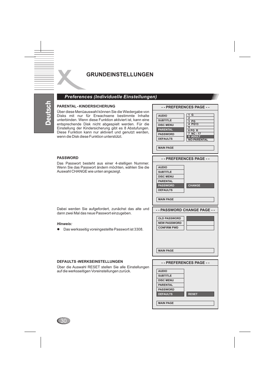 Grundeinstellungen, Preferences (individuelle einstellungen) | Xoro HSD 6000 User Manual | Page 30 / 168