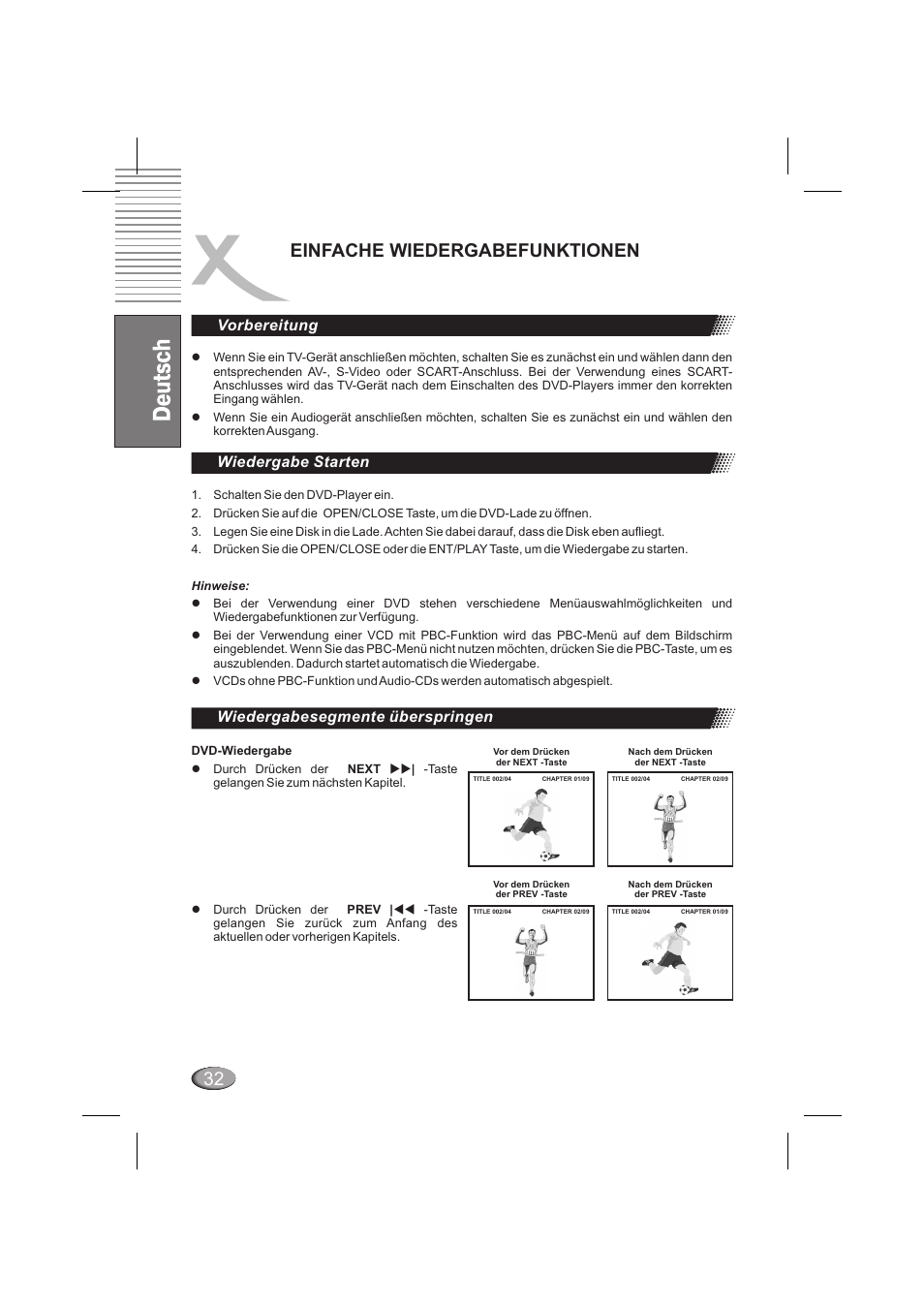 Einfache wiedergabefunktionen, Vorbereitung, Wiedergabe starten | Wiedergabesegmente überspringen | Xoro HSD 6000 User Manual | Page 32 / 168