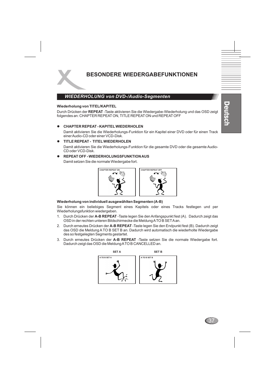 Besondere wiedergabefunktionen, Wiederholung von dvd-/audio-segmenten | Xoro HSD 6000 User Manual | Page 37 / 168