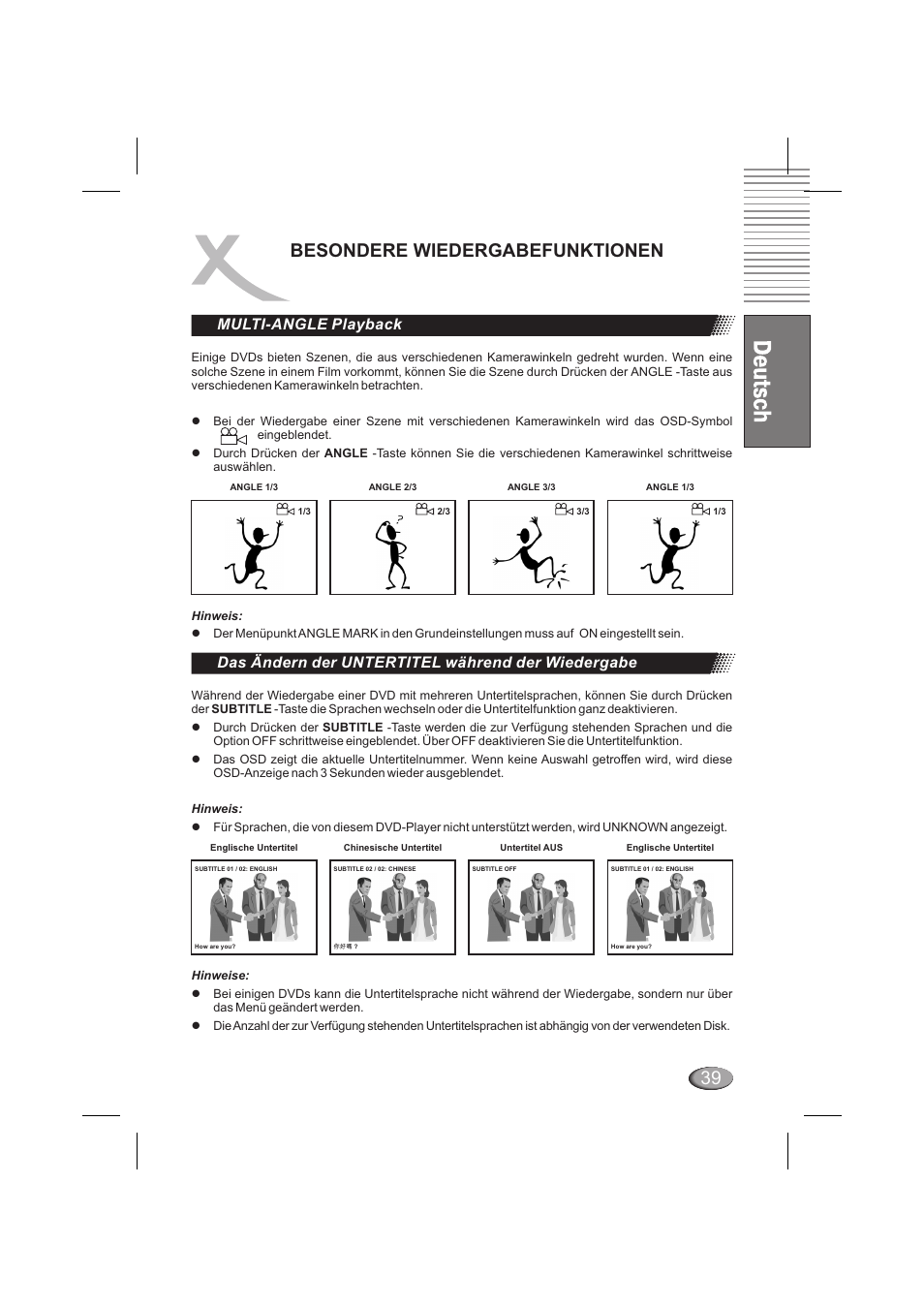 Besondere wiedergabefunktionen, Multi-angle playback, Das ändern der untertitel während der wiedergabe | Xoro HSD 6000 User Manual | Page 39 / 168
