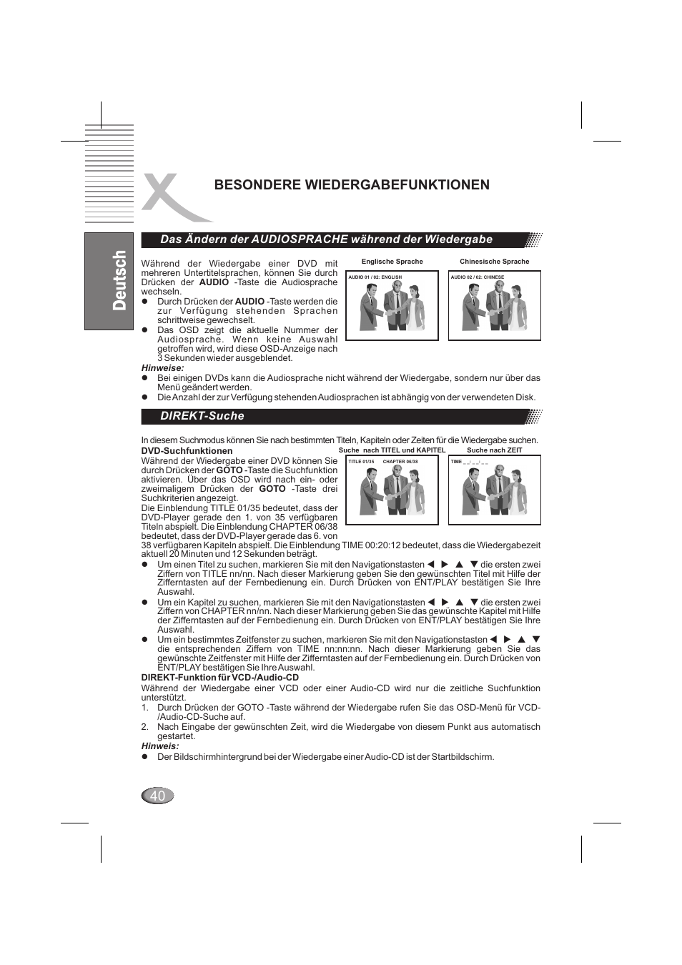 Besondere wiedergabefunktionen, Das ändern der audiosprache während der wiedergabe, Direkt-suche | Xoro HSD 6000 User Manual | Page 40 / 168