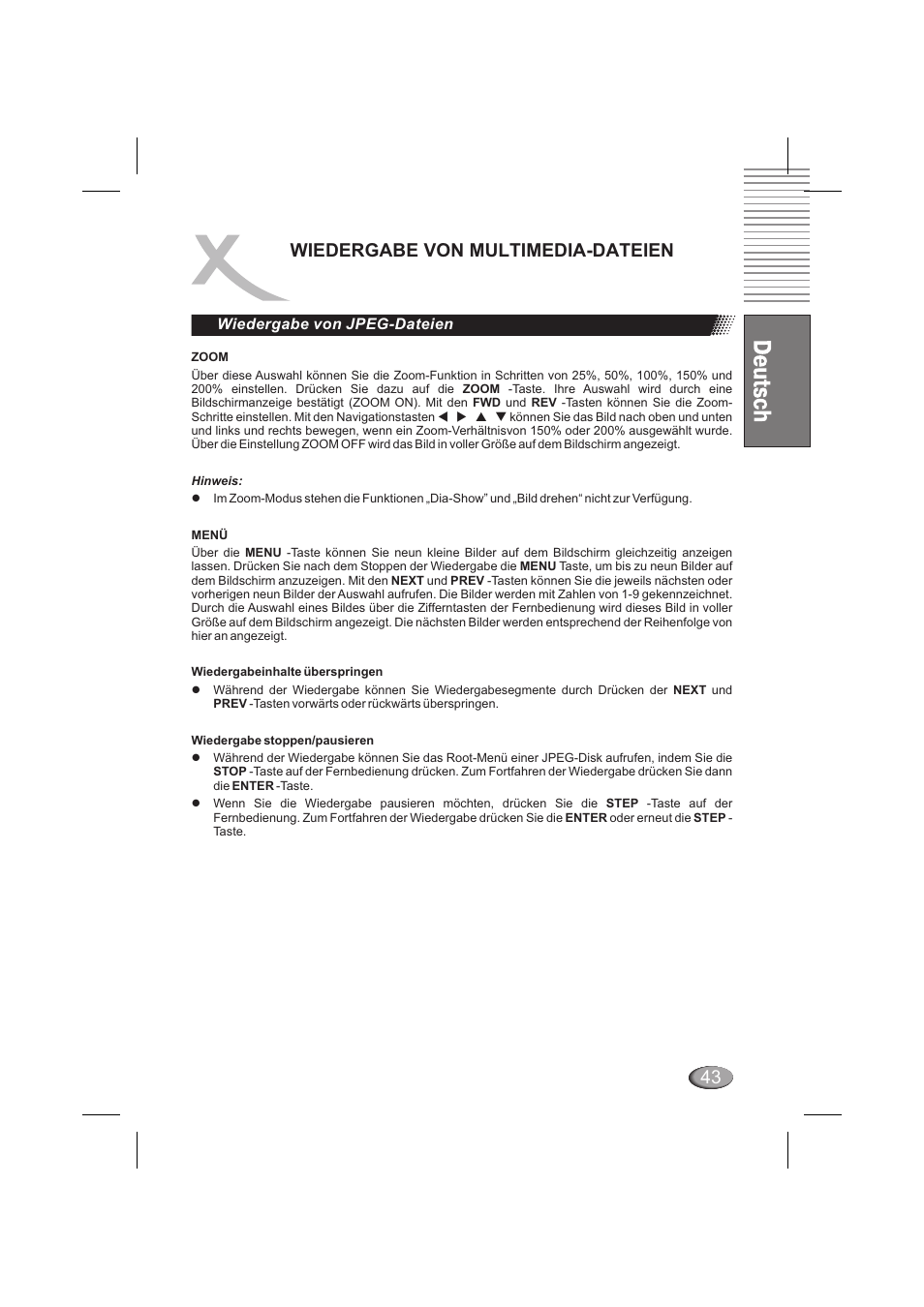 Wiedergabe von multimedia-dateien, Wiedergabe von jpeg-dateien | Xoro HSD 6000 User Manual | Page 43 / 168