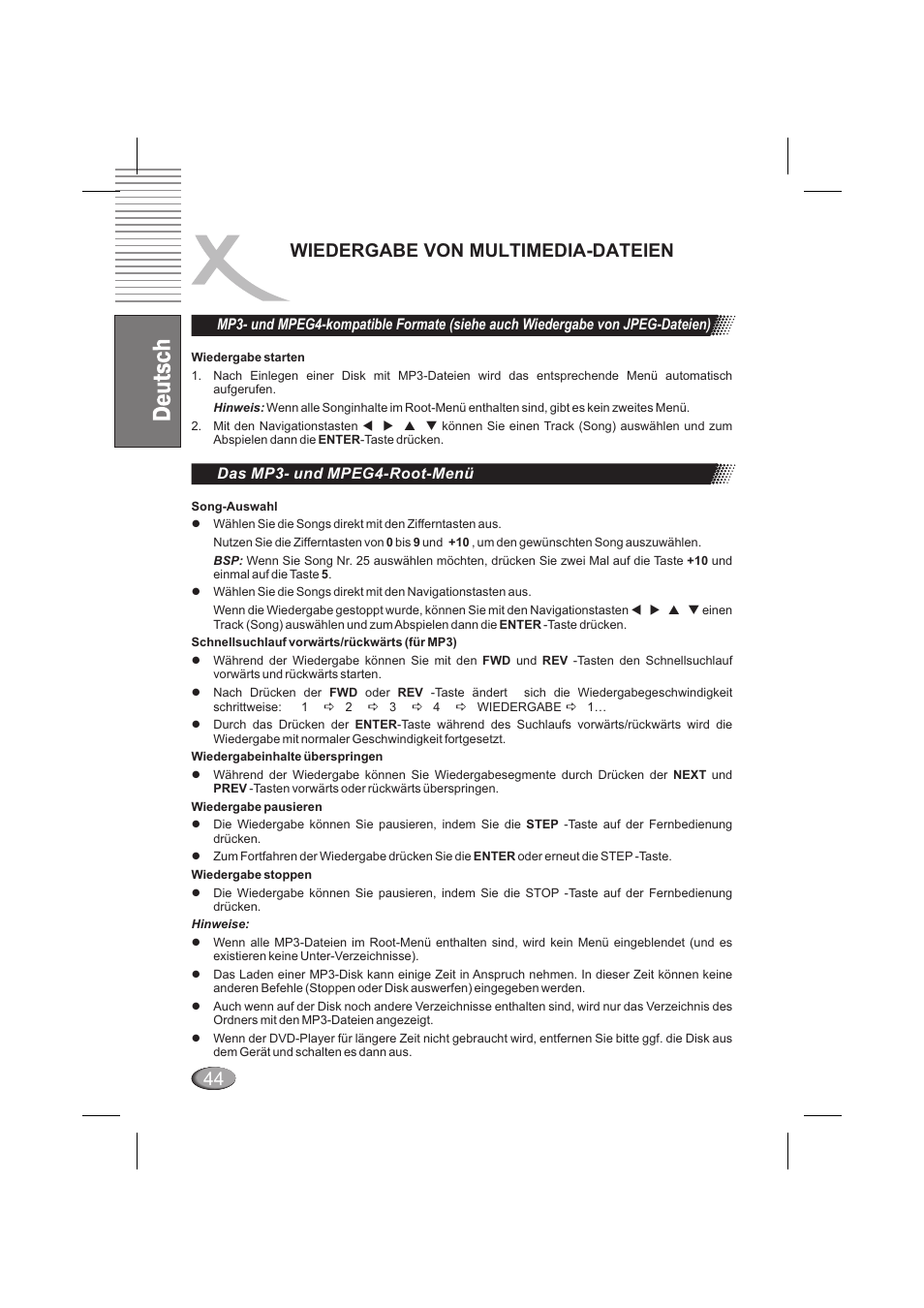 Wiedergabe von multimedia-dateien, Das mp3- und mpeg4-root-menü | Xoro HSD 6000 User Manual | Page 44 / 168