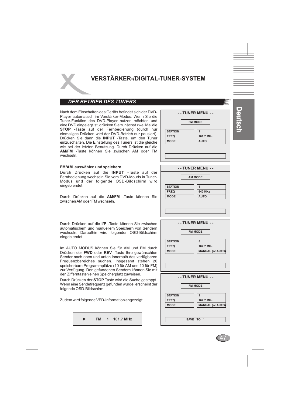 Verstärker-/digital-tuner-system, Der betrieb des tuners | Xoro HSD 6000 User Manual | Page 47 / 168