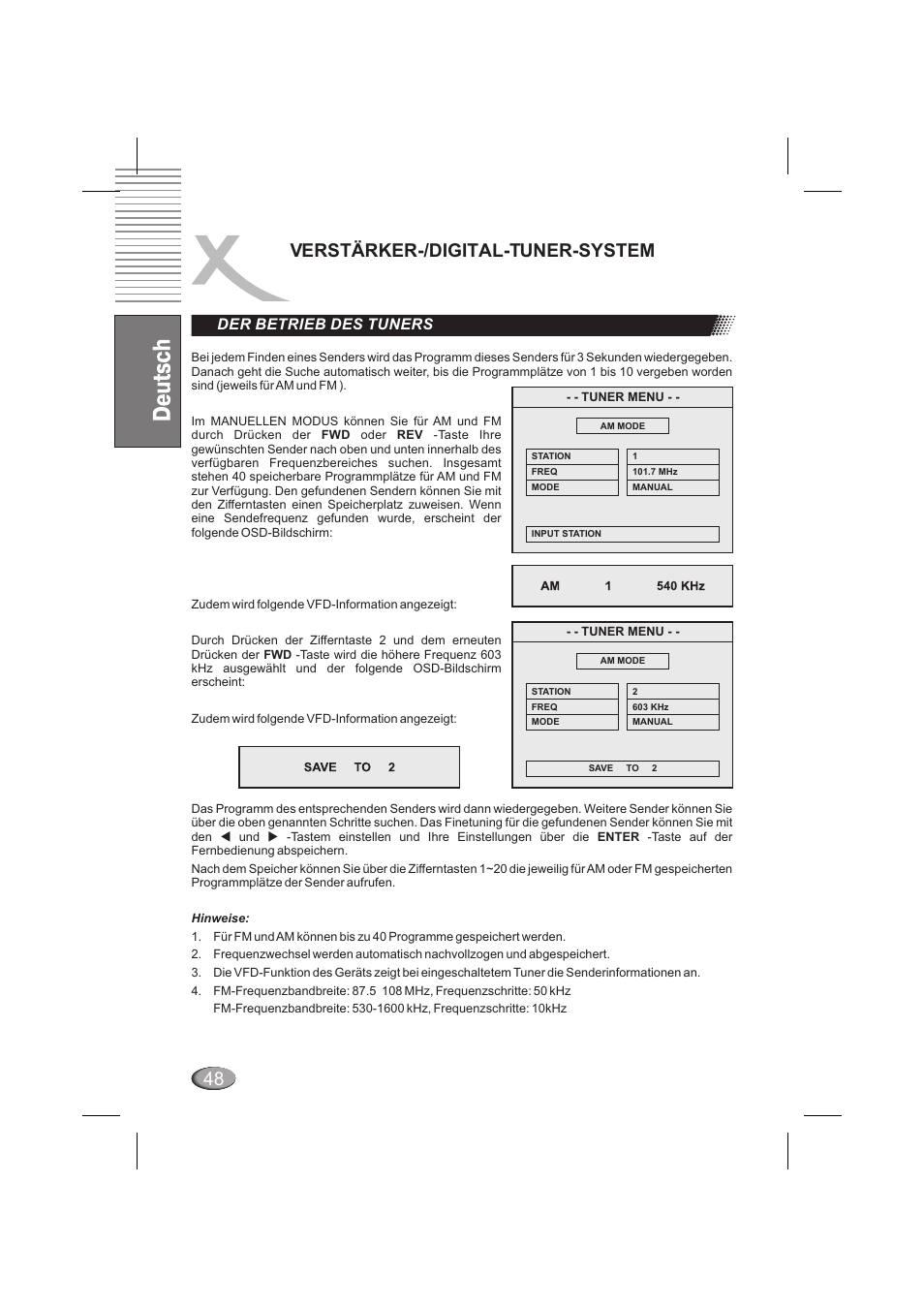 Verstärker-/digital-tuner-system, Der betrieb des tuners | Xoro HSD 6000 User Manual | Page 48 / 168