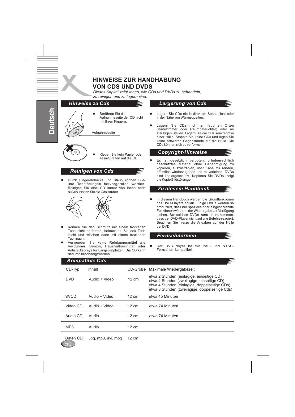 Hinweise zur handhabung von cds und dvds, Просмотр jpeg картинок, Hinweise zu cds | Reinigen von cds | Xoro HSD 6000 User Manual | Page 50 / 168