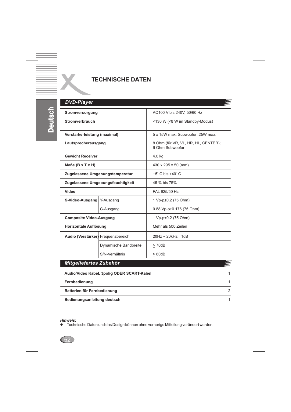 Technische daten, Dvd-player, Mitgeliefertes zubehör | Xoro HSD 6000 User Manual | Page 52 / 168