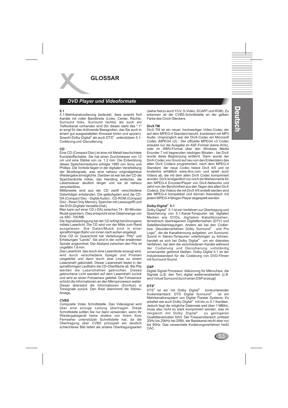 Glossar, Dvd player und videoformate | Xoro HSD 6000 User Manual | Page 53 / 168