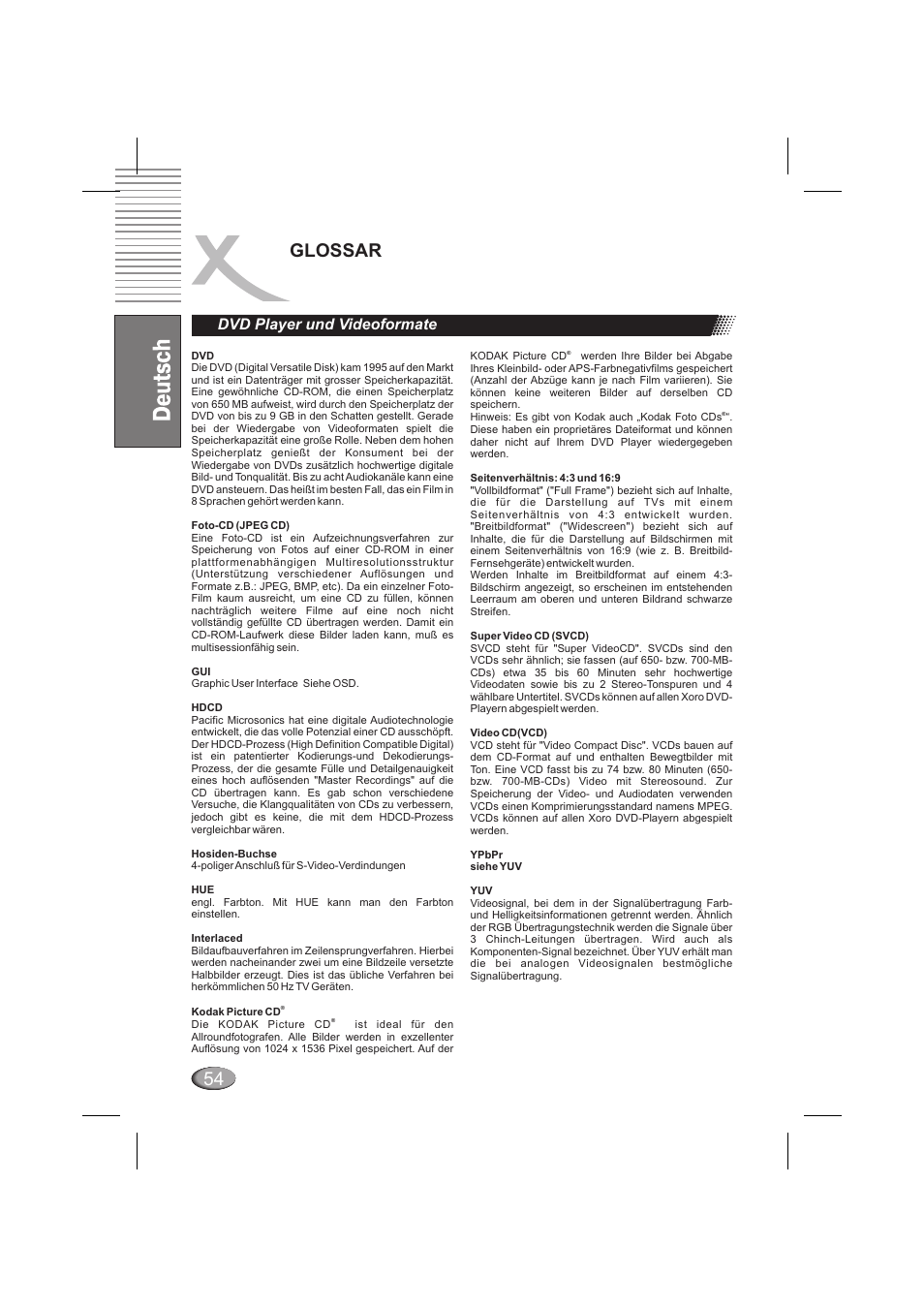 Glossar, Dvd player und videoformate | Xoro HSD 6000 User Manual | Page 54 / 168