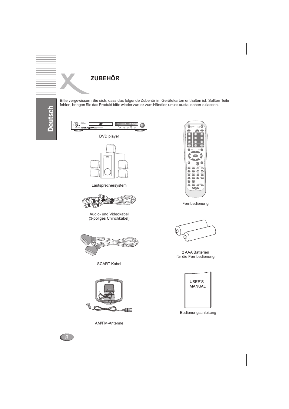 Deutsch, Zubehör, Dvd home theatre | On off p | Xoro HSD 6000 User Manual | Page 8 / 168