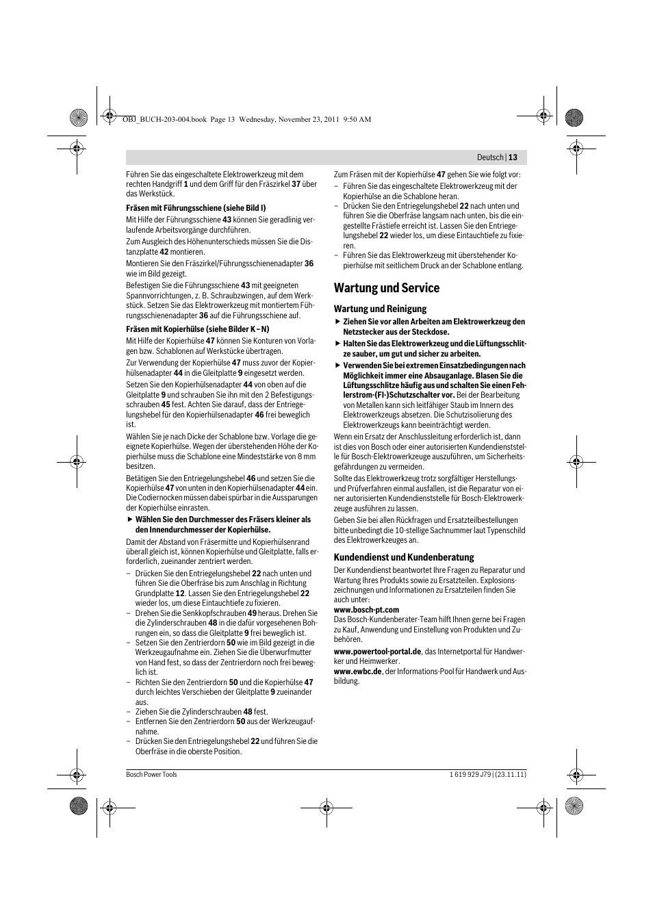 Wartung und service | Bosch GOF 900 CE Professional User Manual | Page 13 / 215