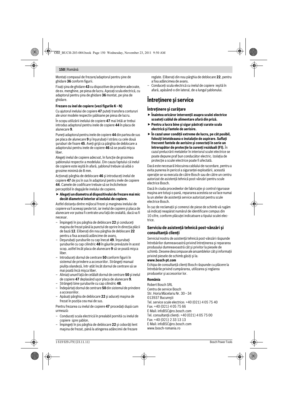 Întreţinere şi service | Bosch GOF 900 CE Professional User Manual | Page 150 / 215