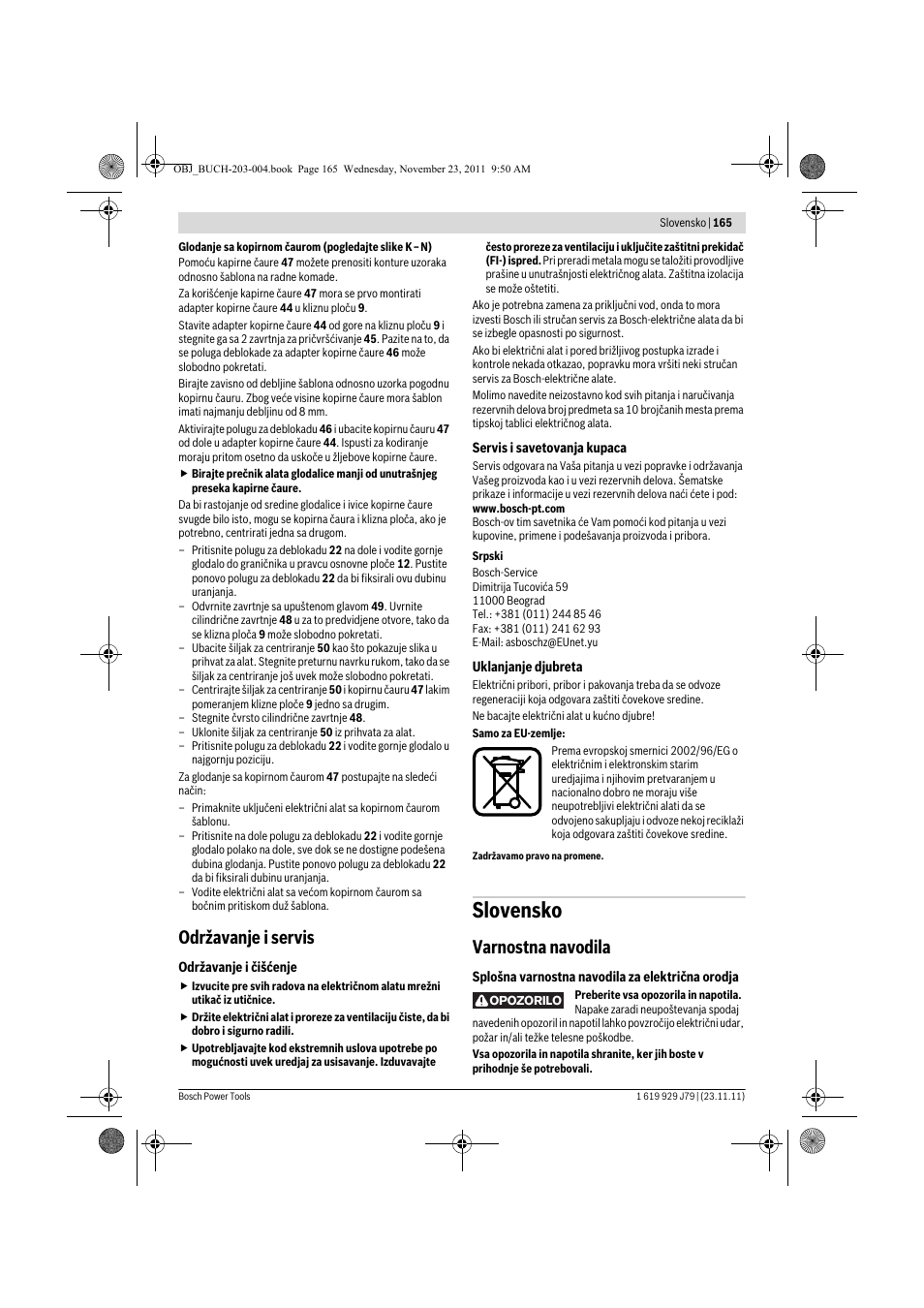 Slovensko, Održavanje i servis, Varnostna navodila | Bosch GOF 900 CE Professional User Manual | Page 165 / 215