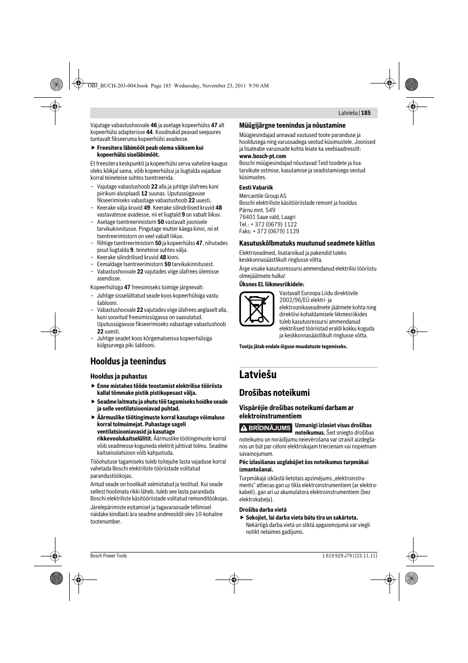 Latviešu, Hooldus ja teenindus | Bosch GOF 900 CE Professional User Manual | Page 185 / 215