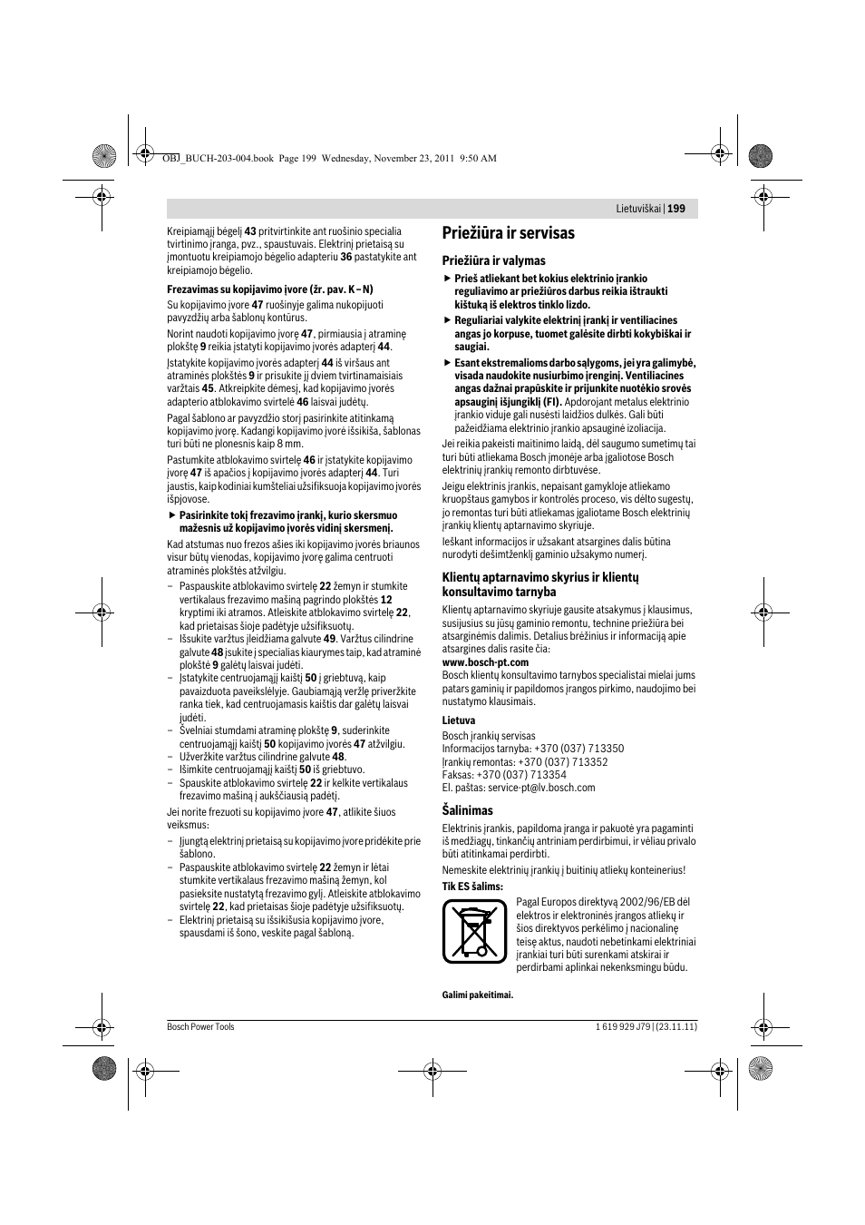 Priežiūra ir servisas | Bosch GOF 900 CE Professional User Manual | Page 199 / 215