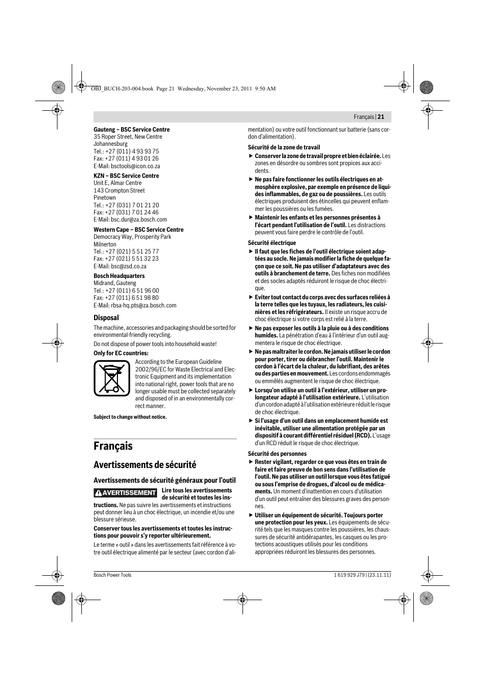 Français, Avertissements de sécurité | Bosch GOF 900 CE Professional User Manual | Page 21 / 215