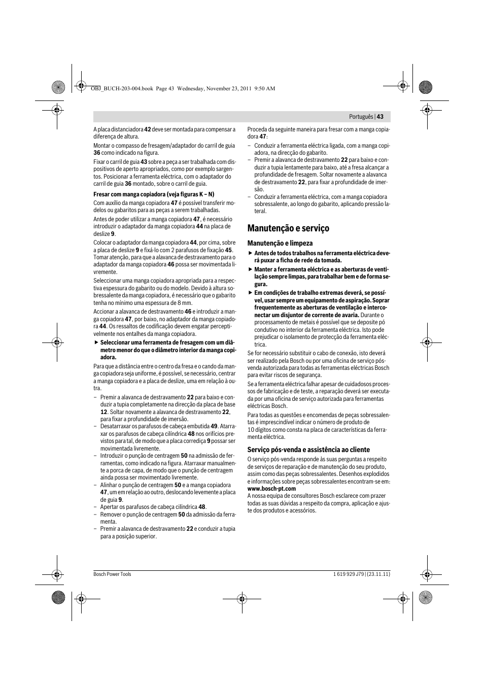 Manutenção e serviço | Bosch GOF 900 CE Professional User Manual | Page 43 / 215