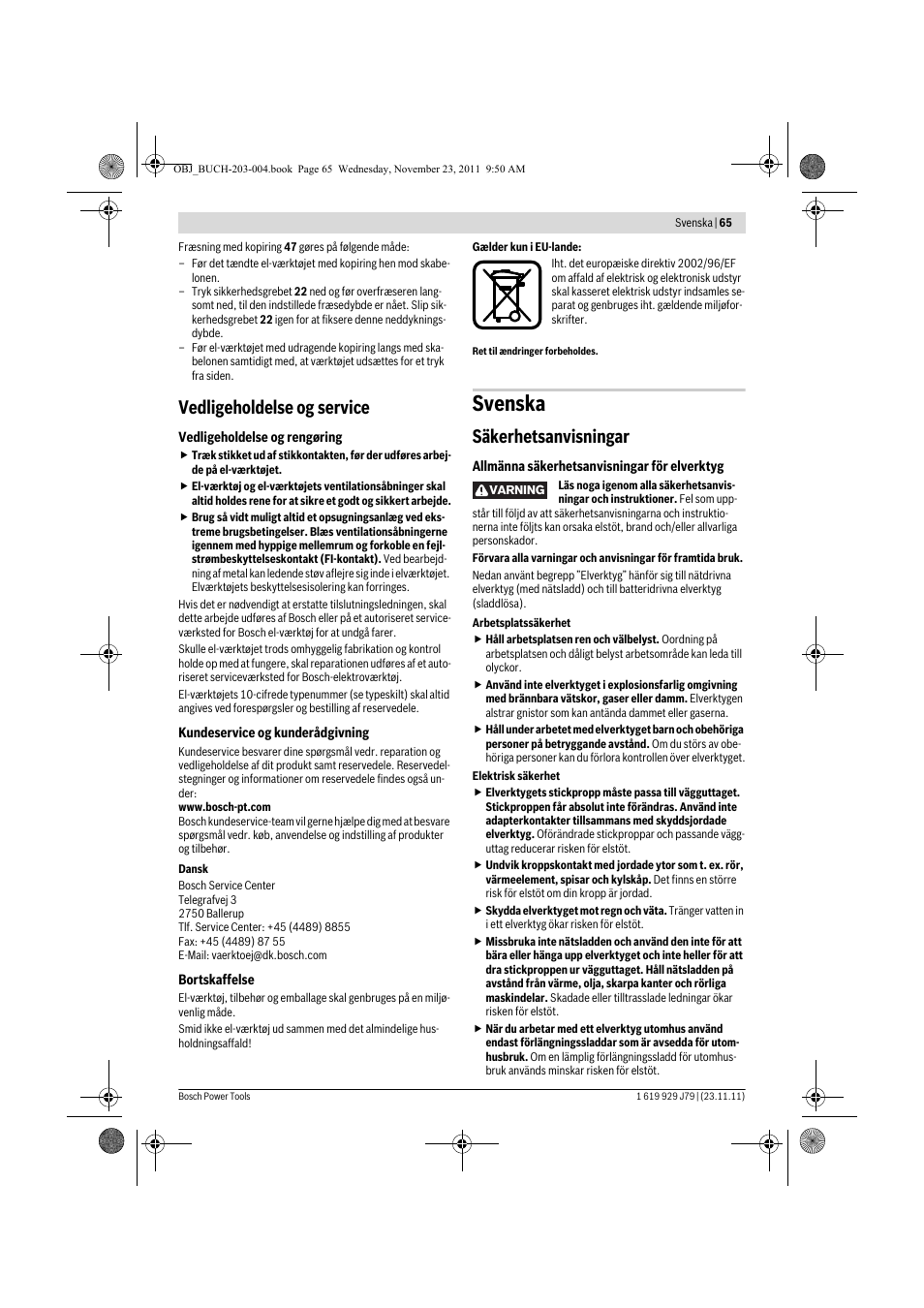 Svenska, Vedligeholdelse og service, Säkerhetsanvisningar | Bosch GOF 900 CE Professional User Manual | Page 65 / 215