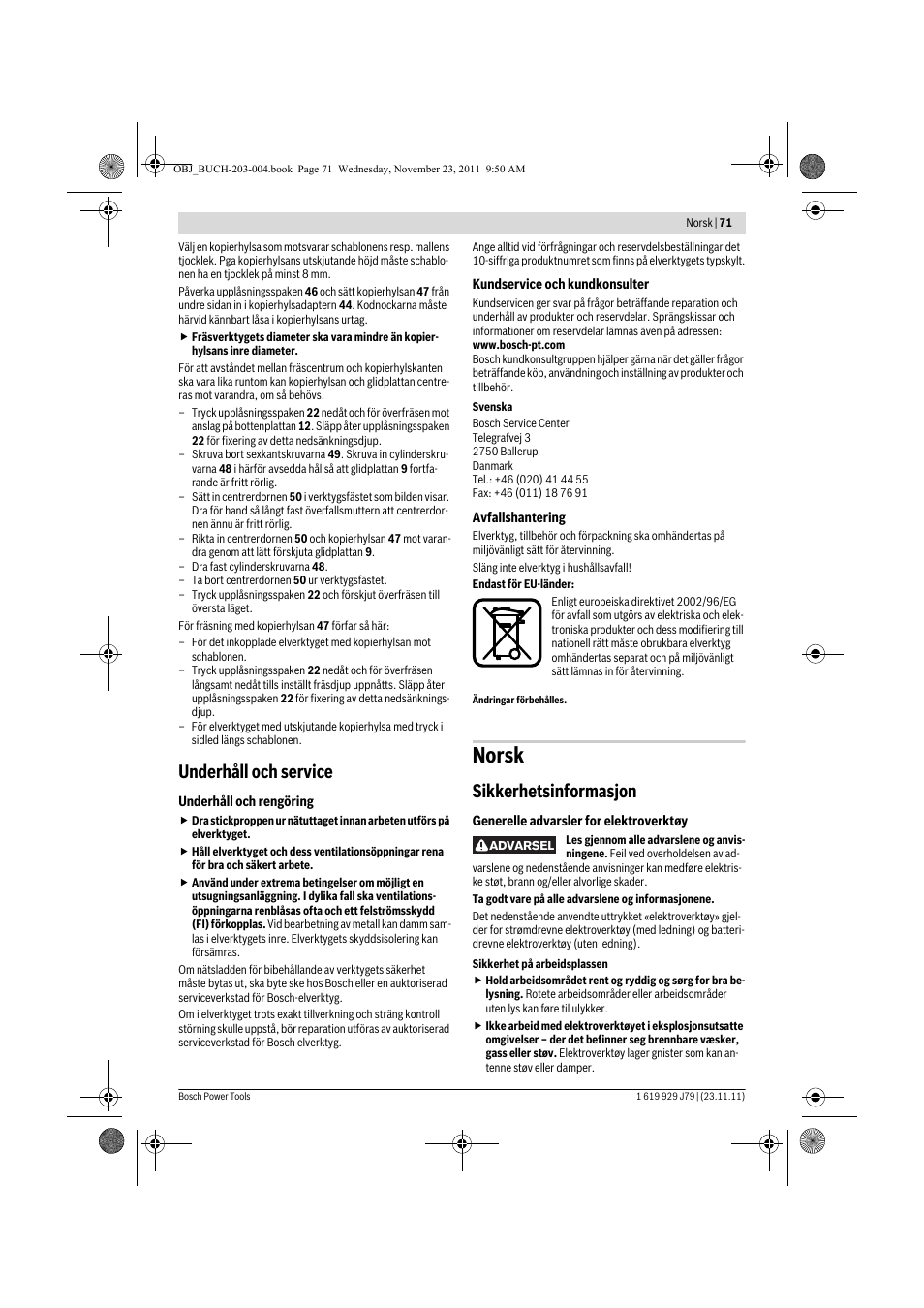 Norsk, Underhåll och service, Sikkerhetsinformasjon | Bosch GOF 900 CE Professional User Manual | Page 71 / 215