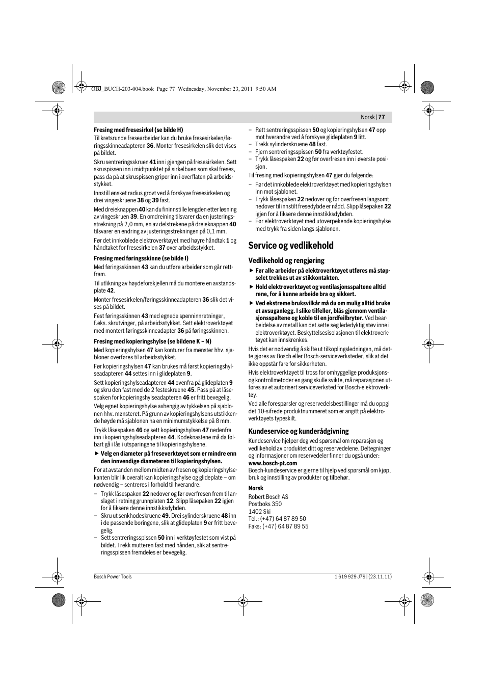 Service og vedlikehold | Bosch GOF 900 CE Professional User Manual | Page 77 / 215