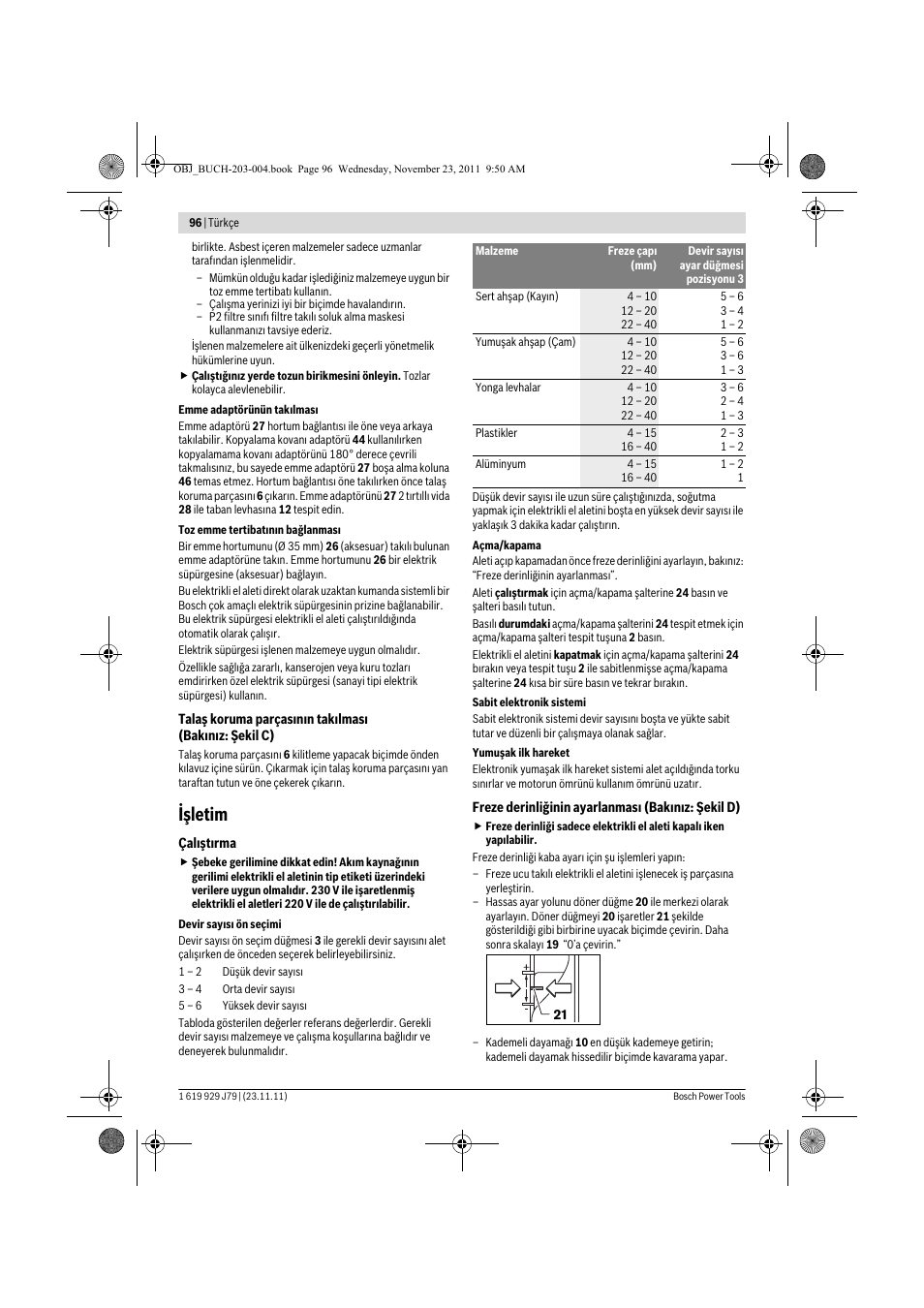 Işletim | Bosch GOF 900 CE Professional User Manual | Page 96 / 215