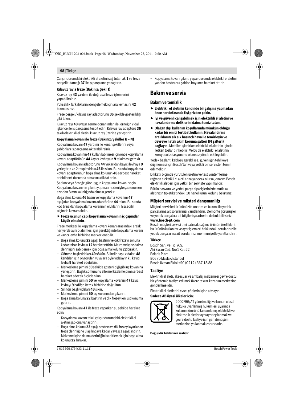 Bak m ve servis | Bosch GOF 900 CE Professional User Manual | Page 98 / 215