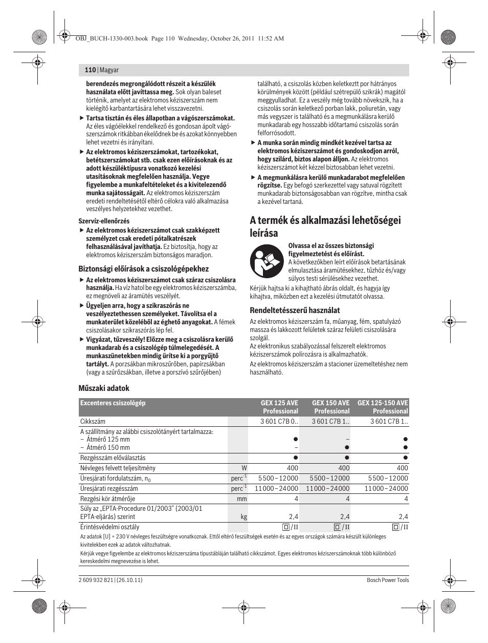 A termék és alkalmazási lehetőségei leírása | Bosch GEX 125-150 AVE Professional User Manual | Page 110 / 194