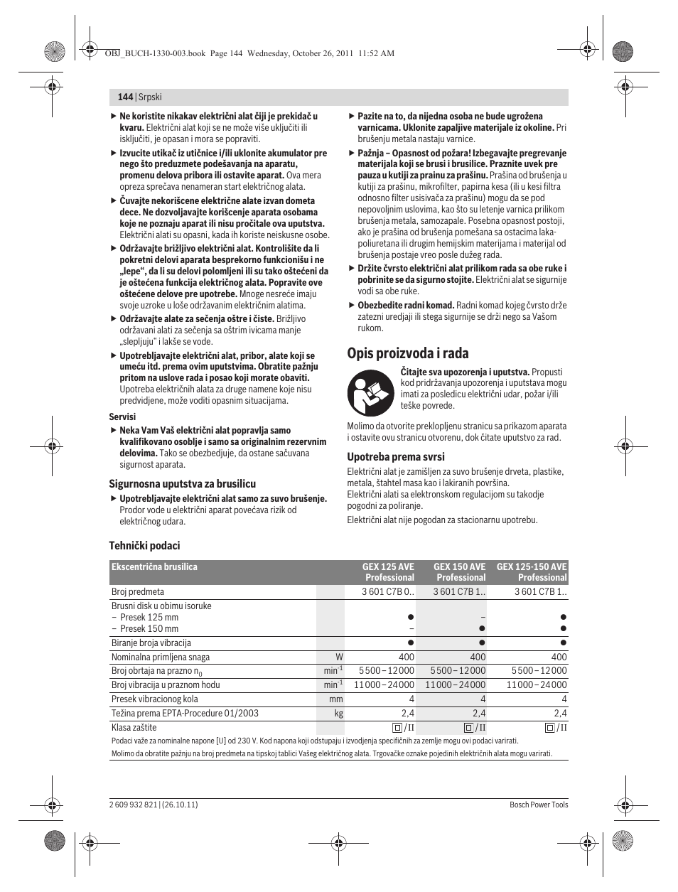 Opis proizvoda i rada | Bosch GEX 125-150 AVE Professional User Manual | Page 144 / 194