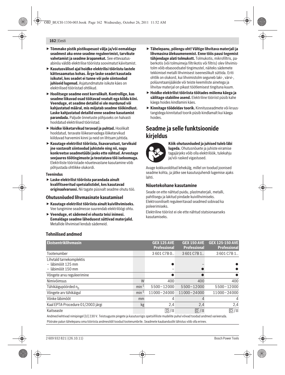 Seadme ja selle funktsioonide kirjeldus | Bosch GEX 125-150 AVE Professional User Manual | Page 162 / 194