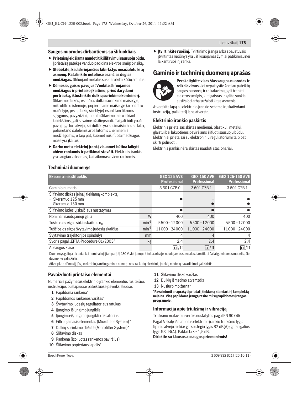 Gaminio ir techninių duomenų aprašas | Bosch GEX 125-150 AVE Professional User Manual | Page 175 / 194