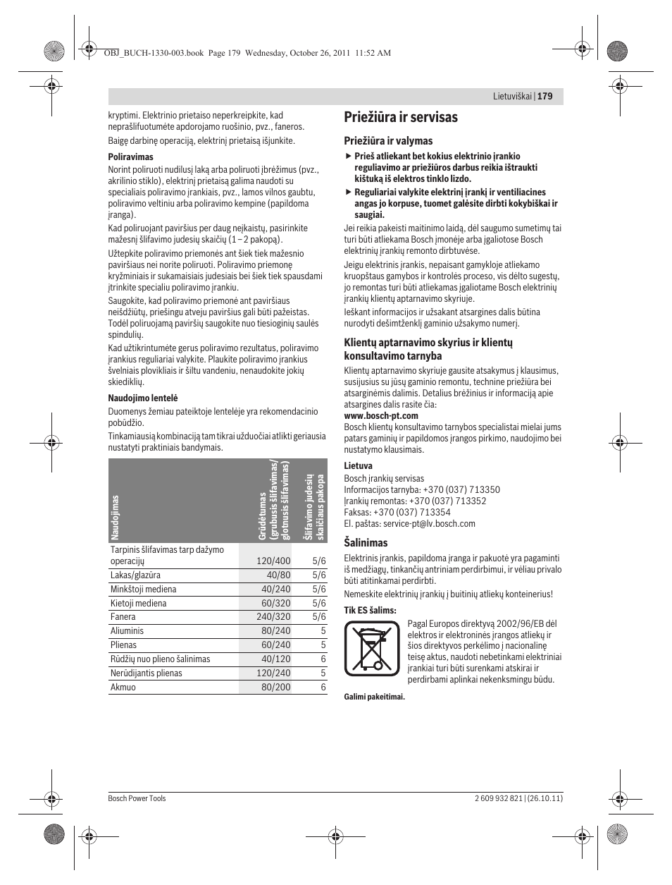 Priežiūra ir servisas | Bosch GEX 125-150 AVE Professional User Manual | Page 179 / 194