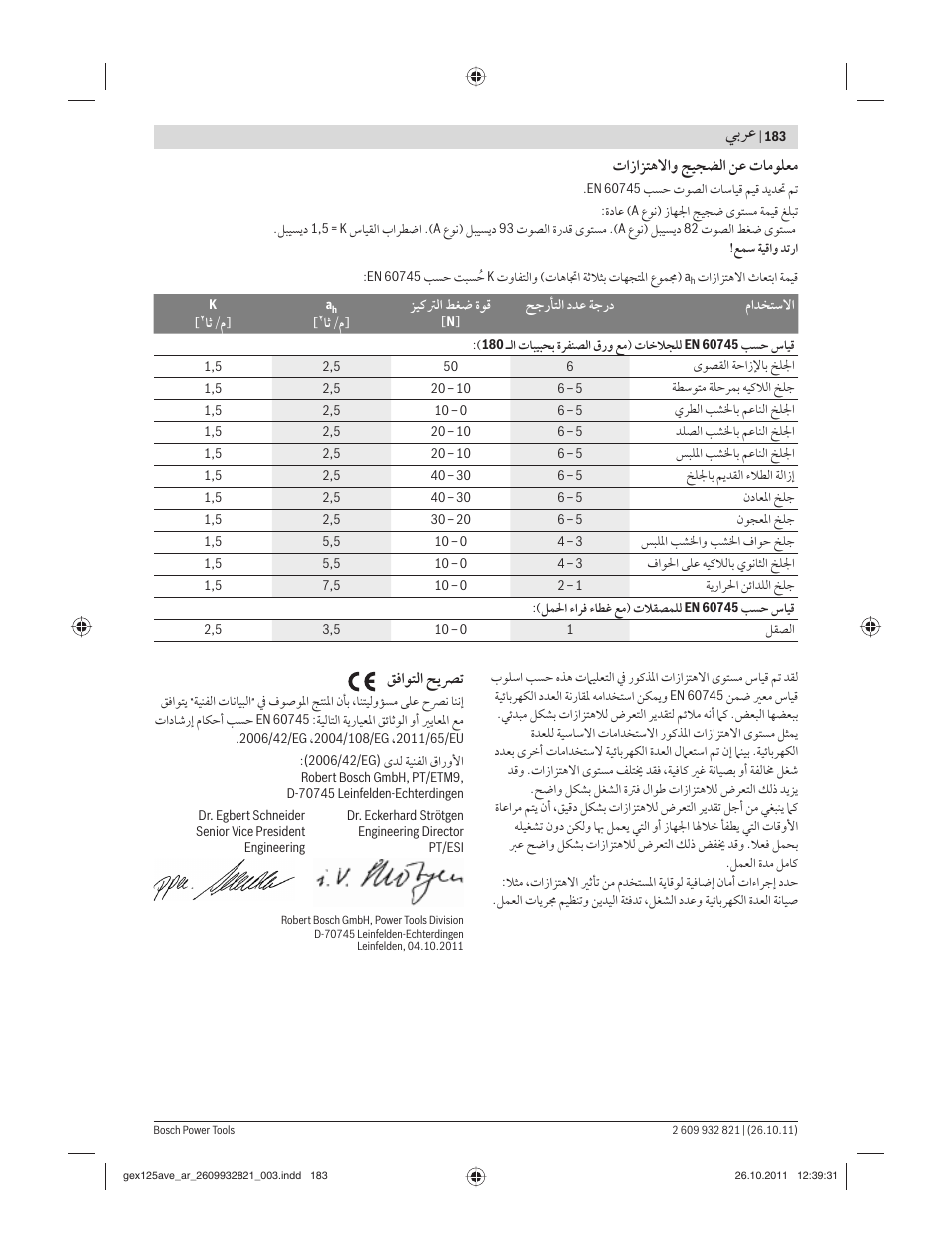 ﻲﺑﺮﻋ, تازاﺰﺘﻫﻻاﻭ ﺞﻴﺠﻀﻟا ﻦﻋ تﺎﻣﻮﻠﻌﻣ, ﻖﻓاﻮﺘﻟا ﺢﻳﴫﺗ | Bosch GEX 125-150 AVE Professional User Manual | Page 183 / 194