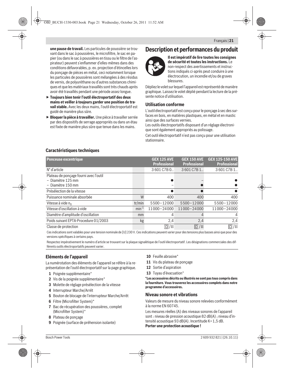 Description et performances du produit | Bosch GEX 125-150 AVE Professional User Manual | Page 21 / 194