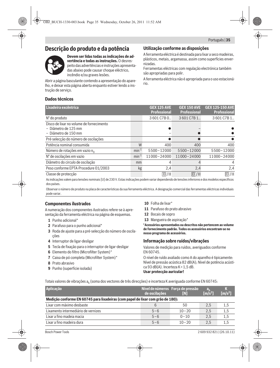 Descrição do produto e da potência | Bosch GEX 125-150 AVE Professional User Manual | Page 35 / 194