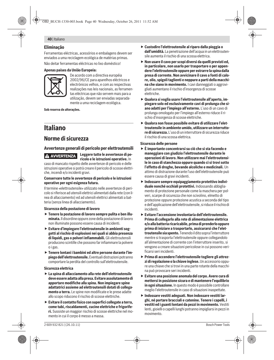 Italiano, Norme di sicurezza | Bosch GEX 125-150 AVE Professional User Manual | Page 40 / 194