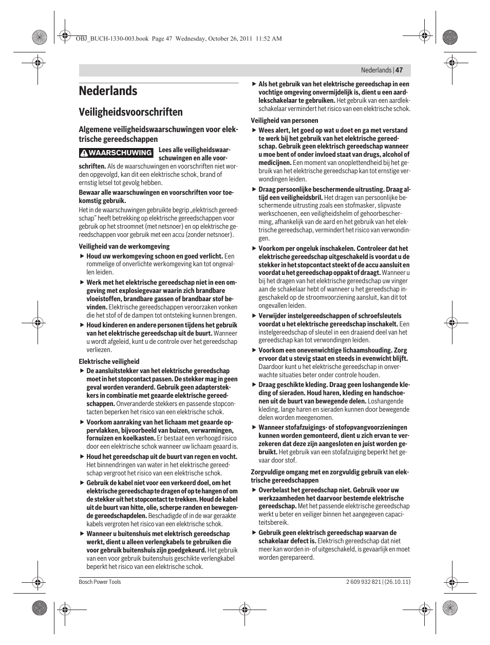 Nederlands, Veiligheidsvoorschriften | Bosch GEX 125-150 AVE Professional User Manual | Page 47 / 194