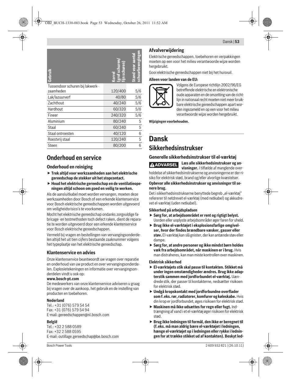 Dansk, Onderhoud en service, Sikkerhedsinstrukser | Bosch GEX 125-150 AVE Professional User Manual | Page 53 / 194